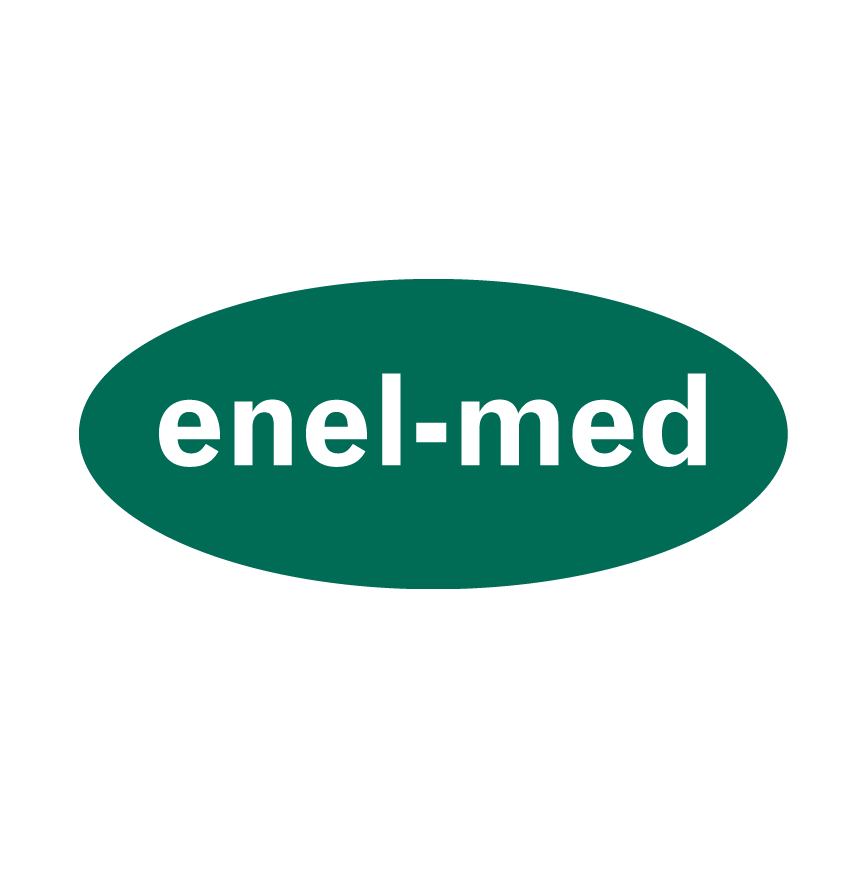 biały napis enel-med w zielonej elipsie