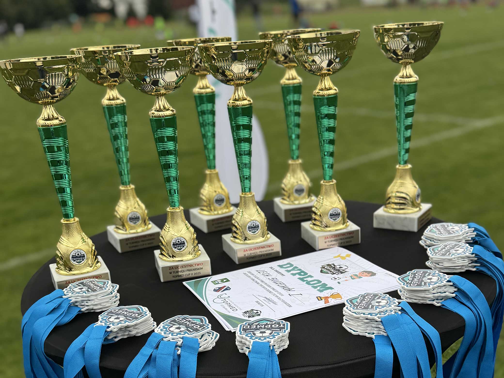puchary, medale i dyplomy na stoliku na tle trawnika